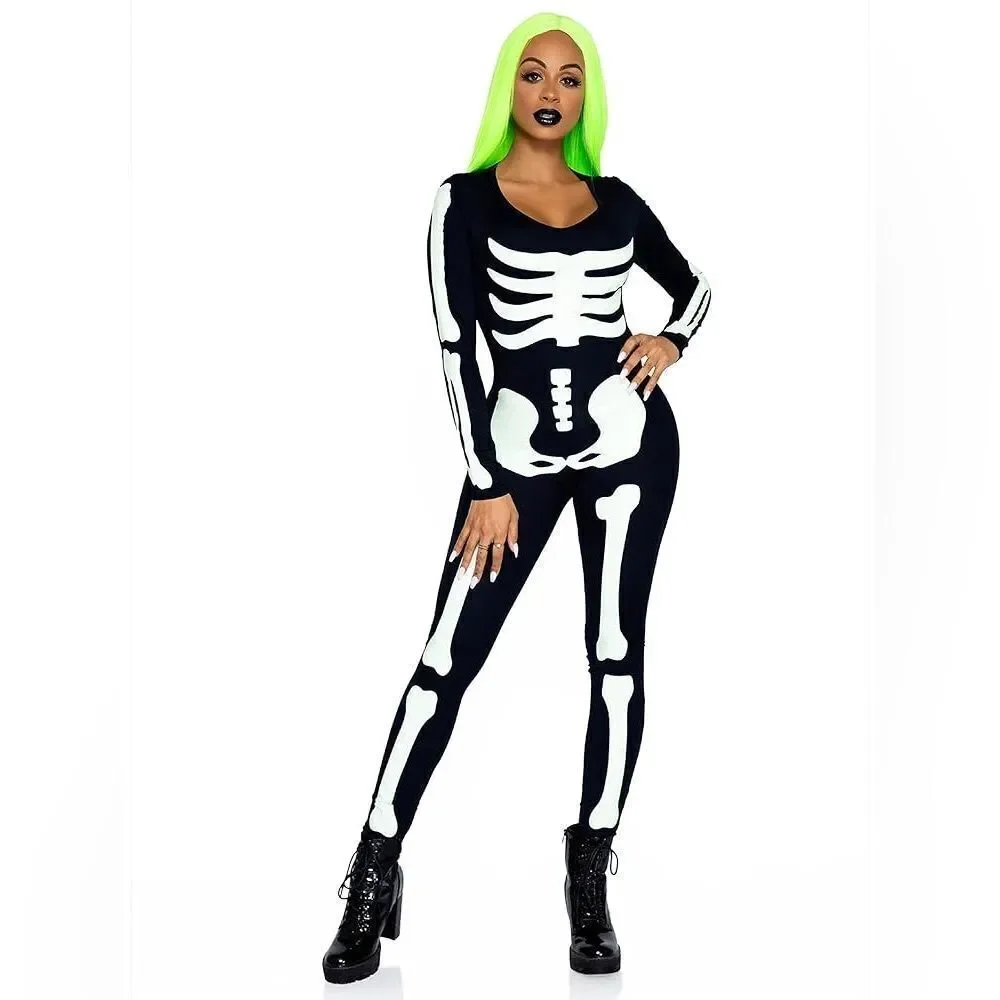 NIB Women's Leg Avenue Halloween Glow In The Dark Skeleton Catsuit Size Small
